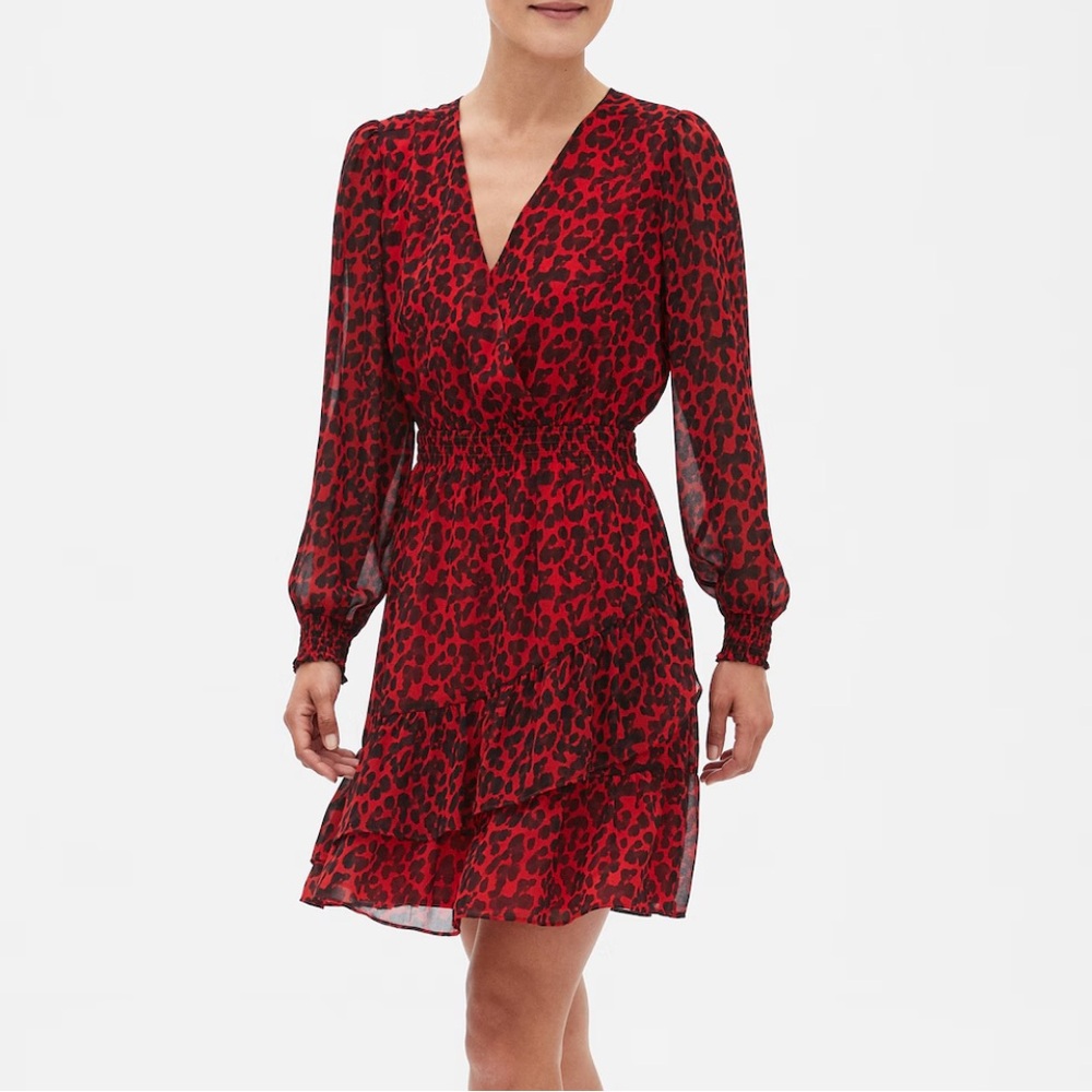 Banana Republic Red Black Ruffled Long Sleeve Dress Large